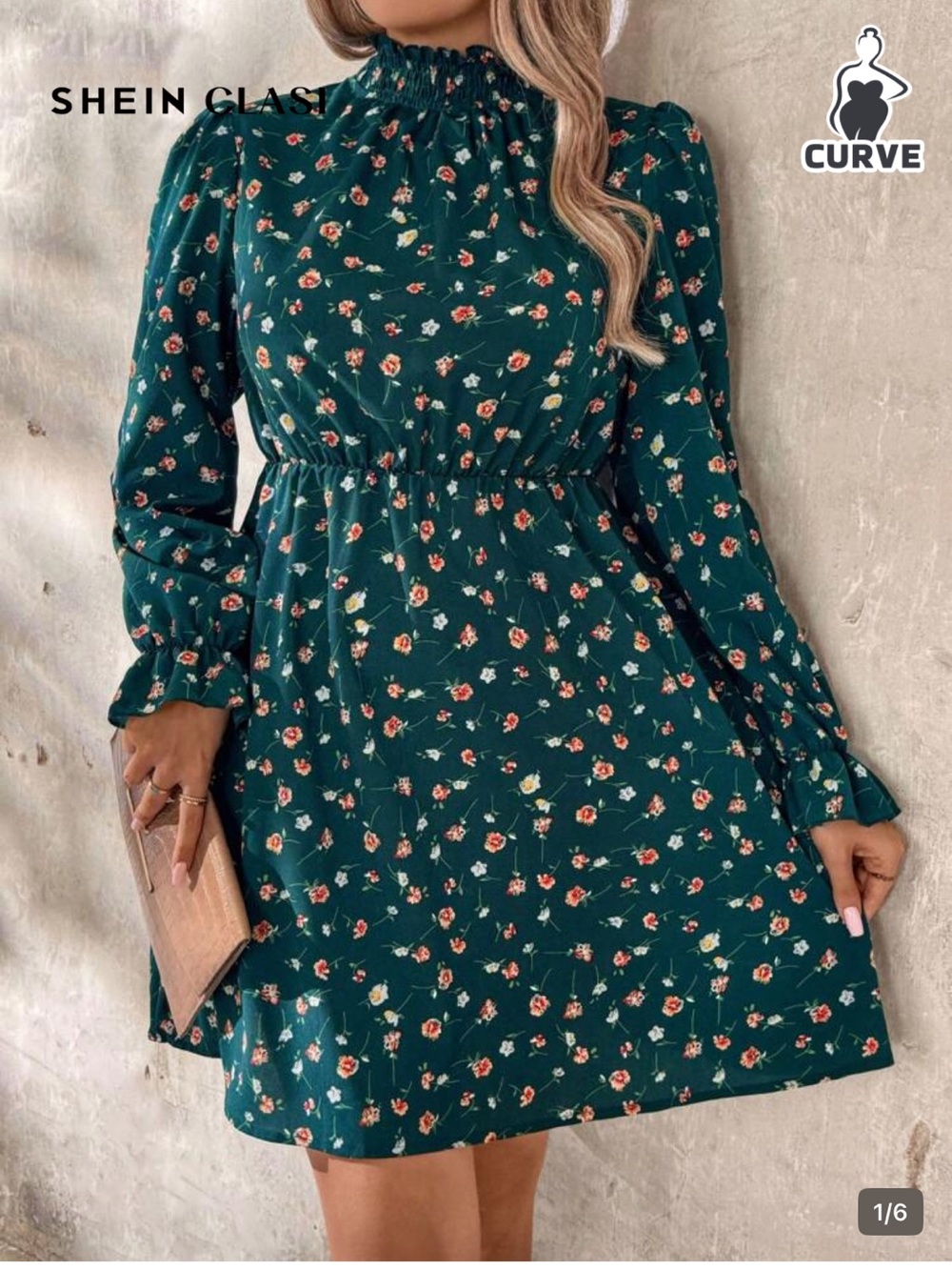 SHEIN Green Floral Long Sleeve Ruffle Neck Dress